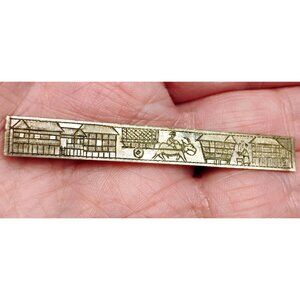 Antique Primitive Engravd SE Asia Folk Art Metal Bar Brooch Handmade Stilt House